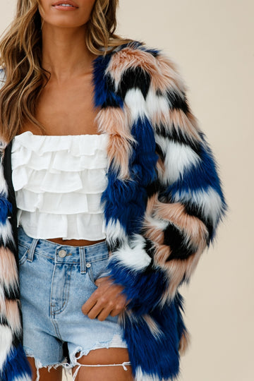 Charlotte RONAN FAUX FUR MULTI-PRINT COAT BLUE