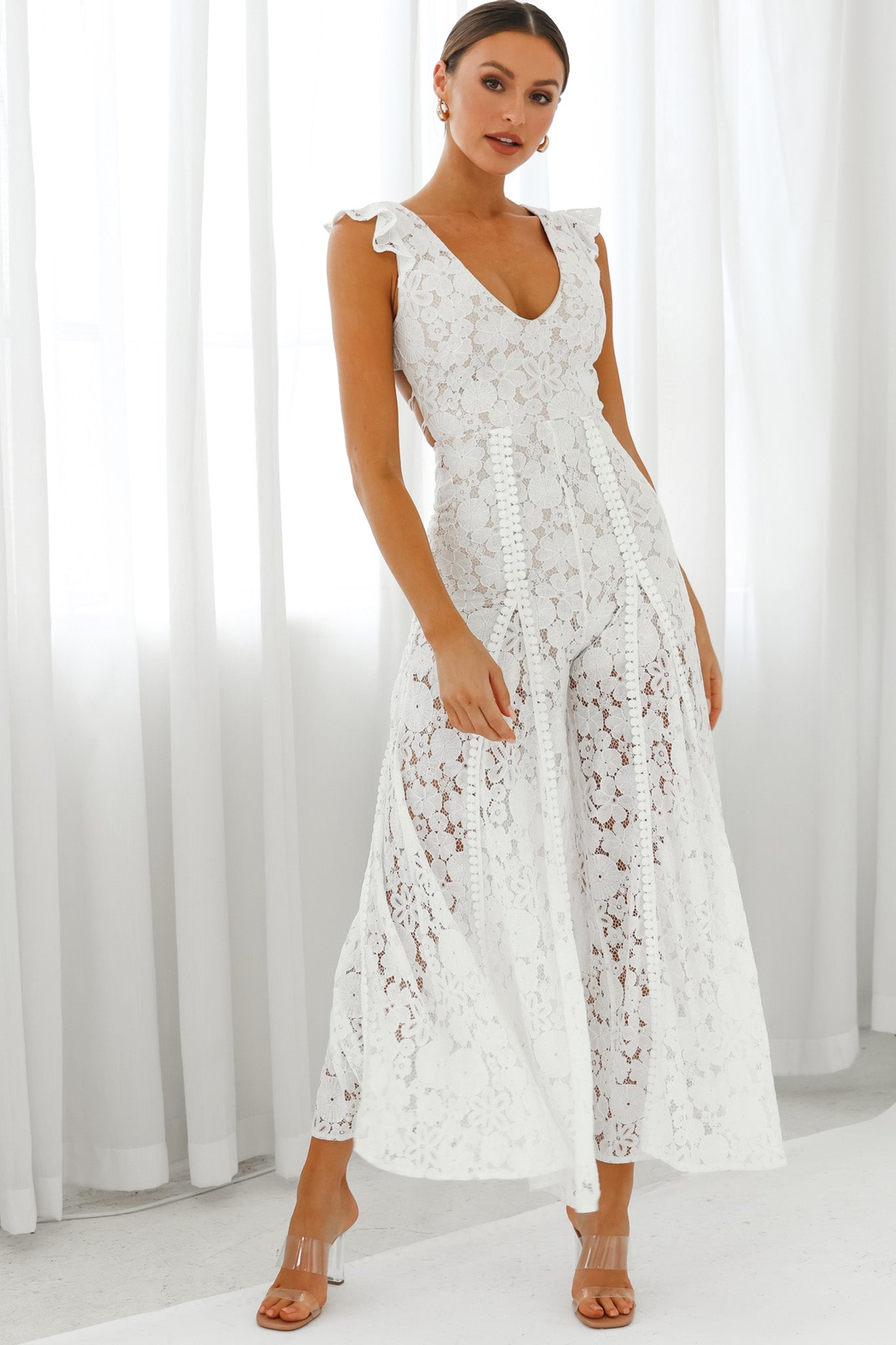 Charlotte Laced-Back Frill Shoulder Lace Jumpsuit White