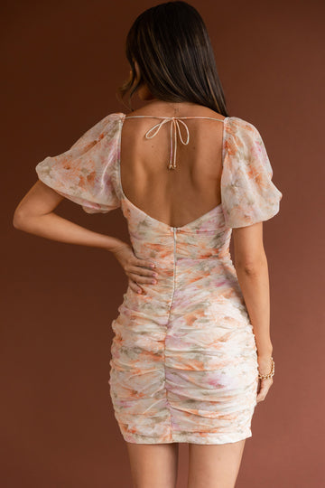 Charlotte Puff Sleeve Deep V-Neckline Mini Dress Floral Print Orange