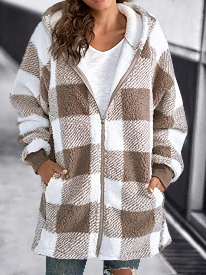 Women's Stylish Hoodie Plaid Loose Overcoat