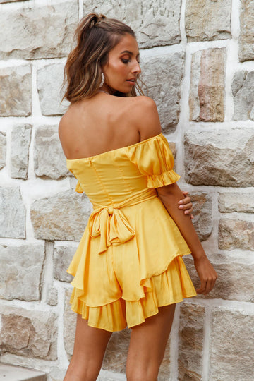 Charlotte Off-Shoulder Tie Back Romper Yellow