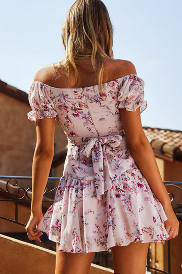 Charlotte Off-Shoulder Tie Back Fluted Hem Dress Ornate Floral Print Pink