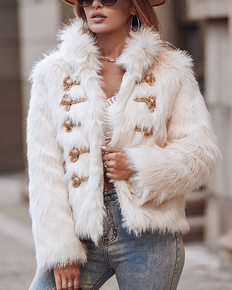 Women's Buttoned Long Sleeve Faux Fur Fluffy Coat