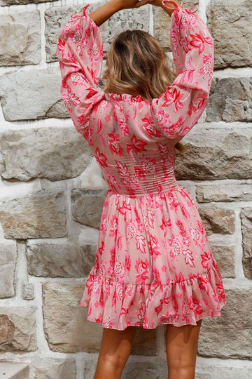 Charlotte Long Balloon Sleeve Shirred Dress Floral Print Pink