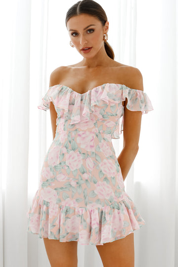 Charlotte Neckline Off-Shoulder Dress Floral Print Pink