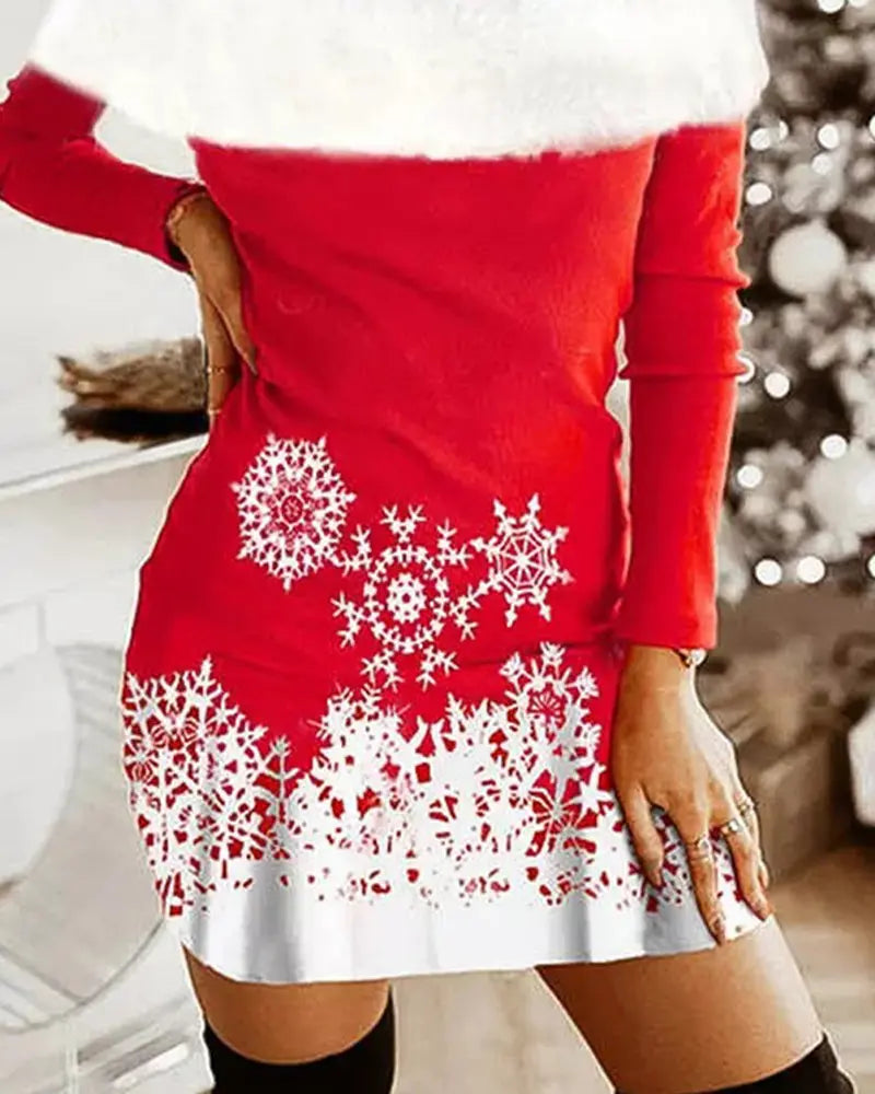 Christmas Snowflake Print Fuzzy Trim Cold Shoulder Dress