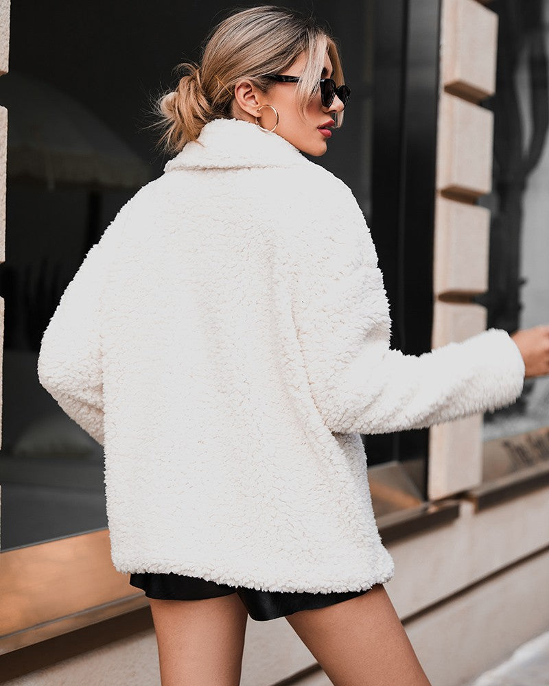 Contrast Leopard Double Breasted Teddy Coat