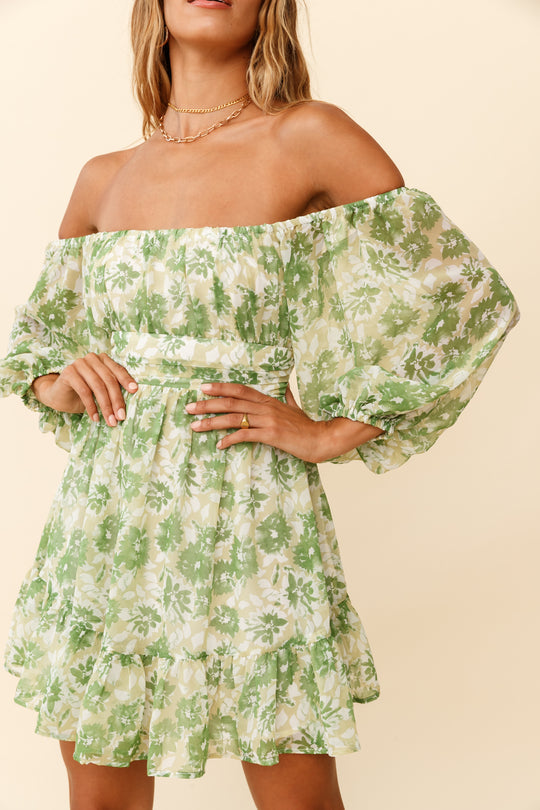 Charlotte Off-Shoulder Tie-Up Back Dress Floral Print Green