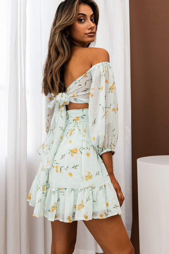 Charlotte Off-Shoulder Tie-Up Back Dress Floral Print Mint