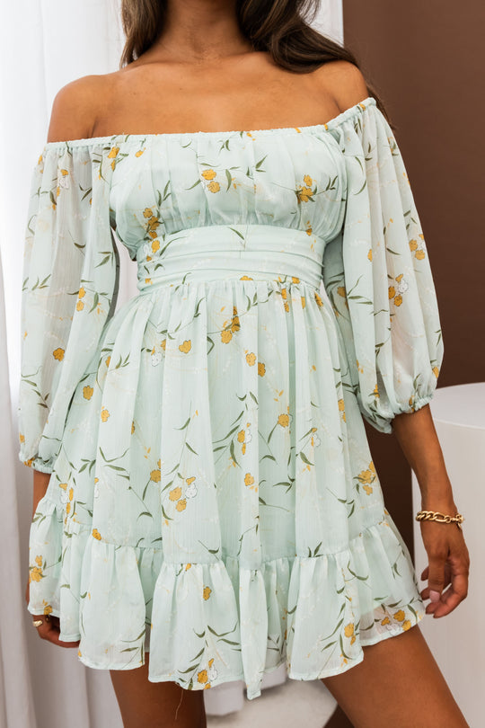 Charlotte Off-Shoulder Tie-Up Back Dress Floral Print Mint