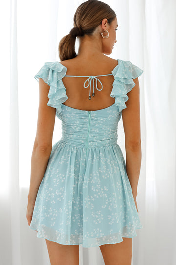 Charlotte Ruffle Shoulder Ruched Dress Leaf Print Blue