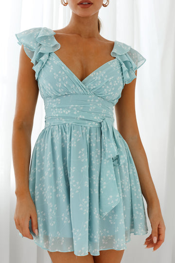 Charlotte Ruffle Shoulder Ruched Dress Leaf Print Blue