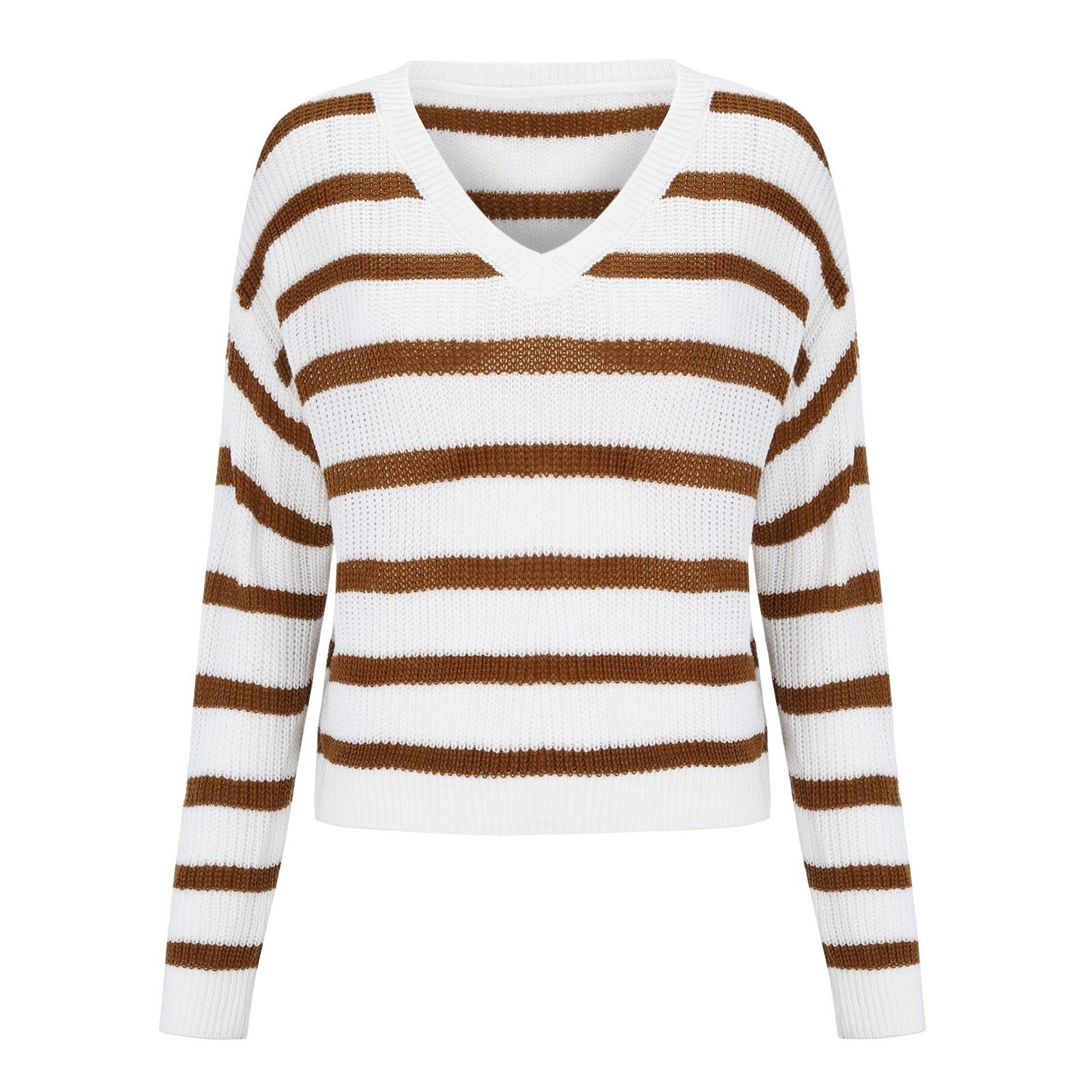 Women's Striped Long Sleeve Loose Casual V-neck Sweater Black