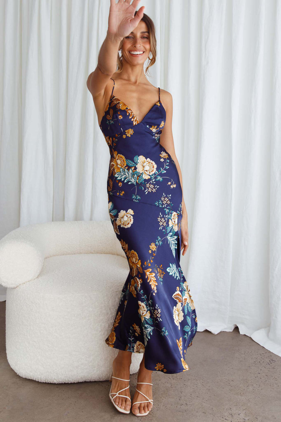 Charlotte Strap Front Split Midi Dress Oriental Flower Print Navy