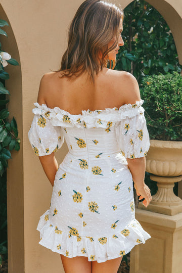 Charlotte Off-Shoulder Frill Trim Embroidery Dress Floral Print Yellow