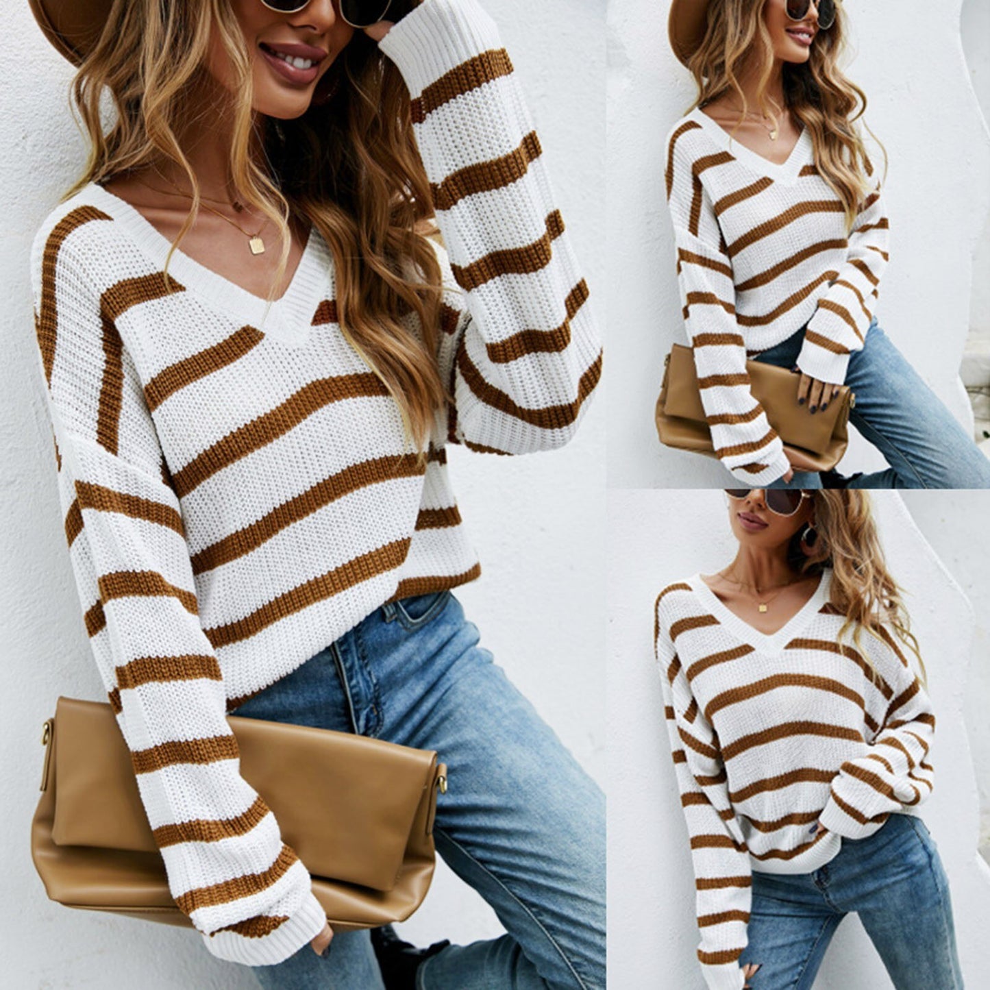 Women's Striped Long Sleeve Loose Casual V-neck Sweater Black