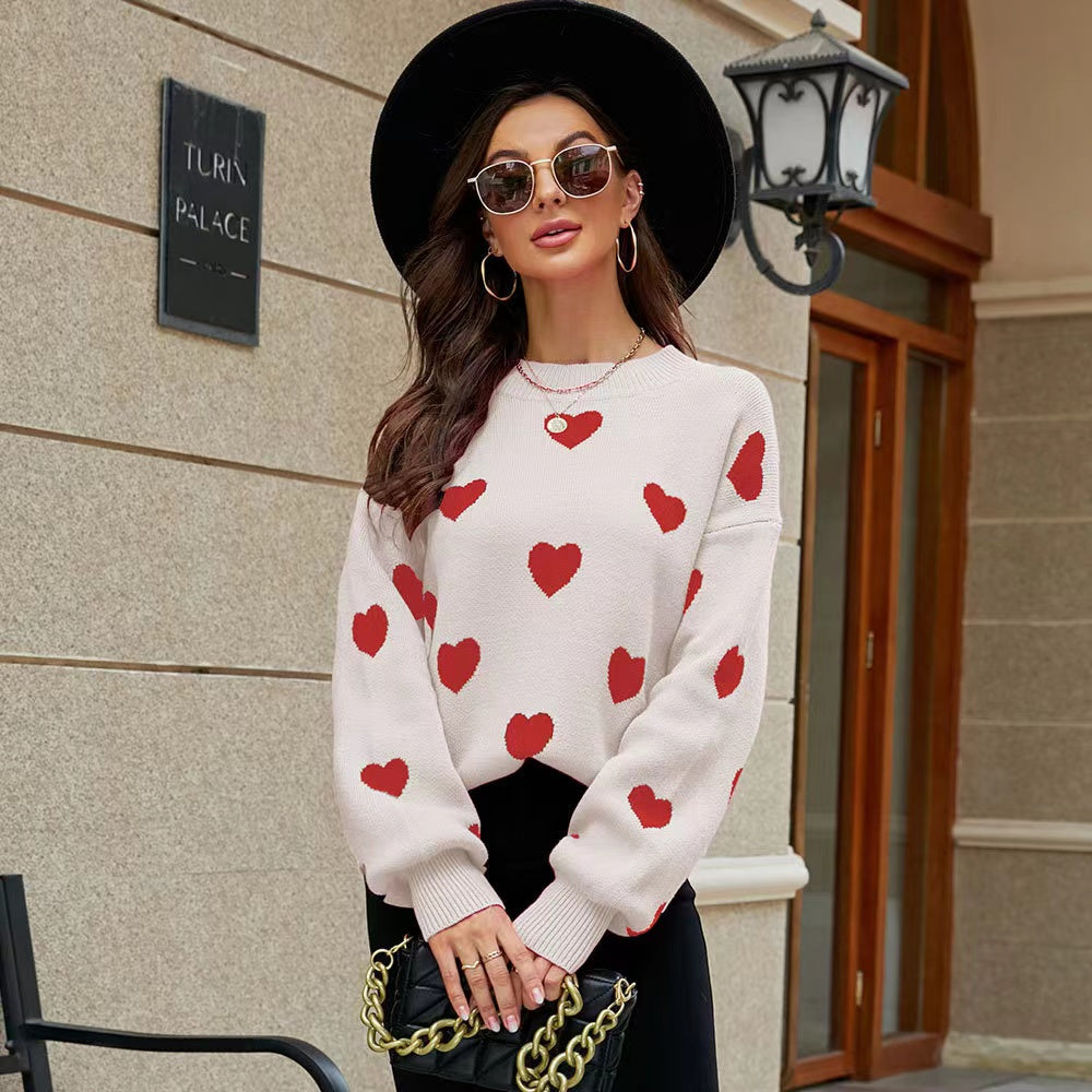 Valentine's Day Heart Print Lantern Sleeve Sweater For Women
