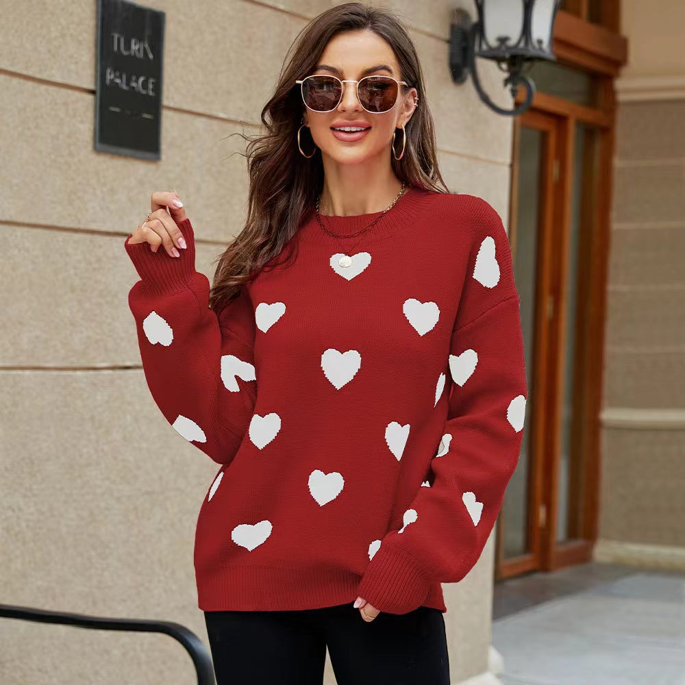 Valentine's Day Heart Print Lantern Sleeve Sweater For Women