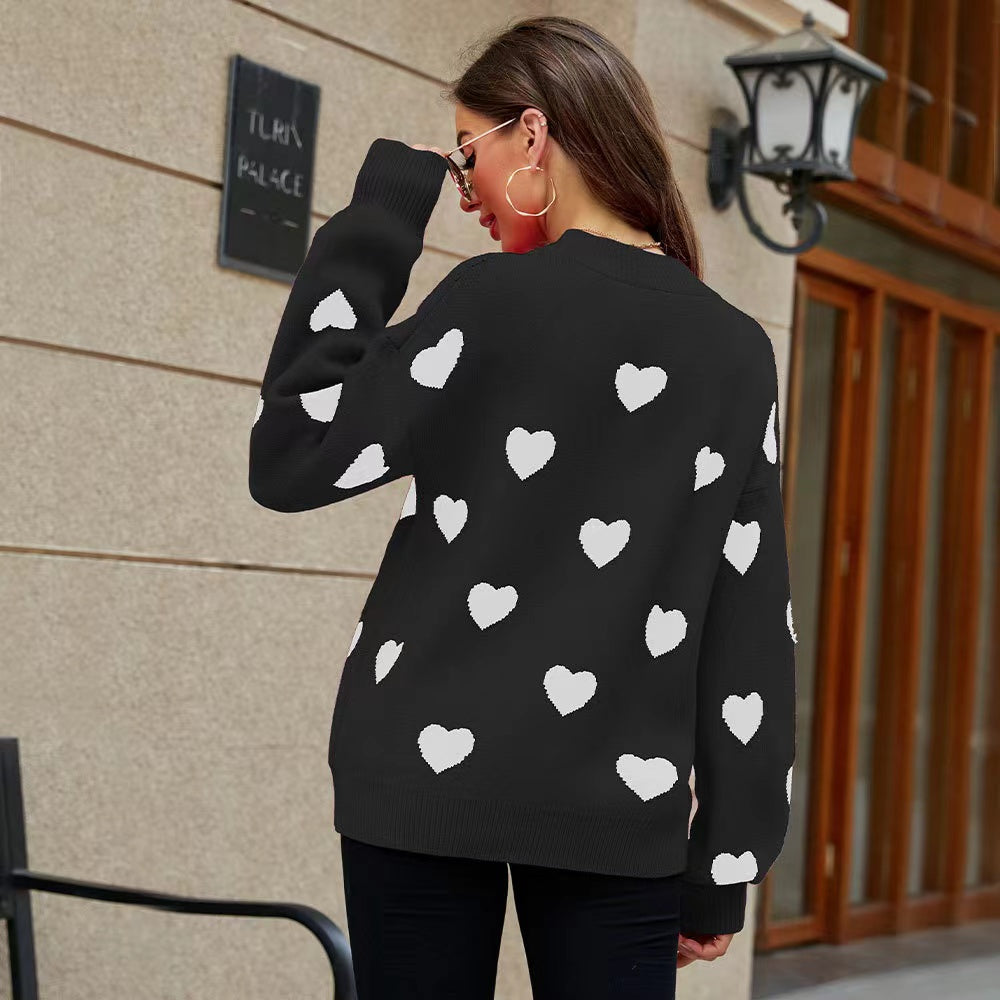 Valentine's Day Heart Print Lantern Sleeve Sweater For Women