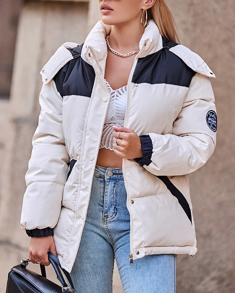 Women's Contrast Paneled Pocket Design Hooded Puffer Coat