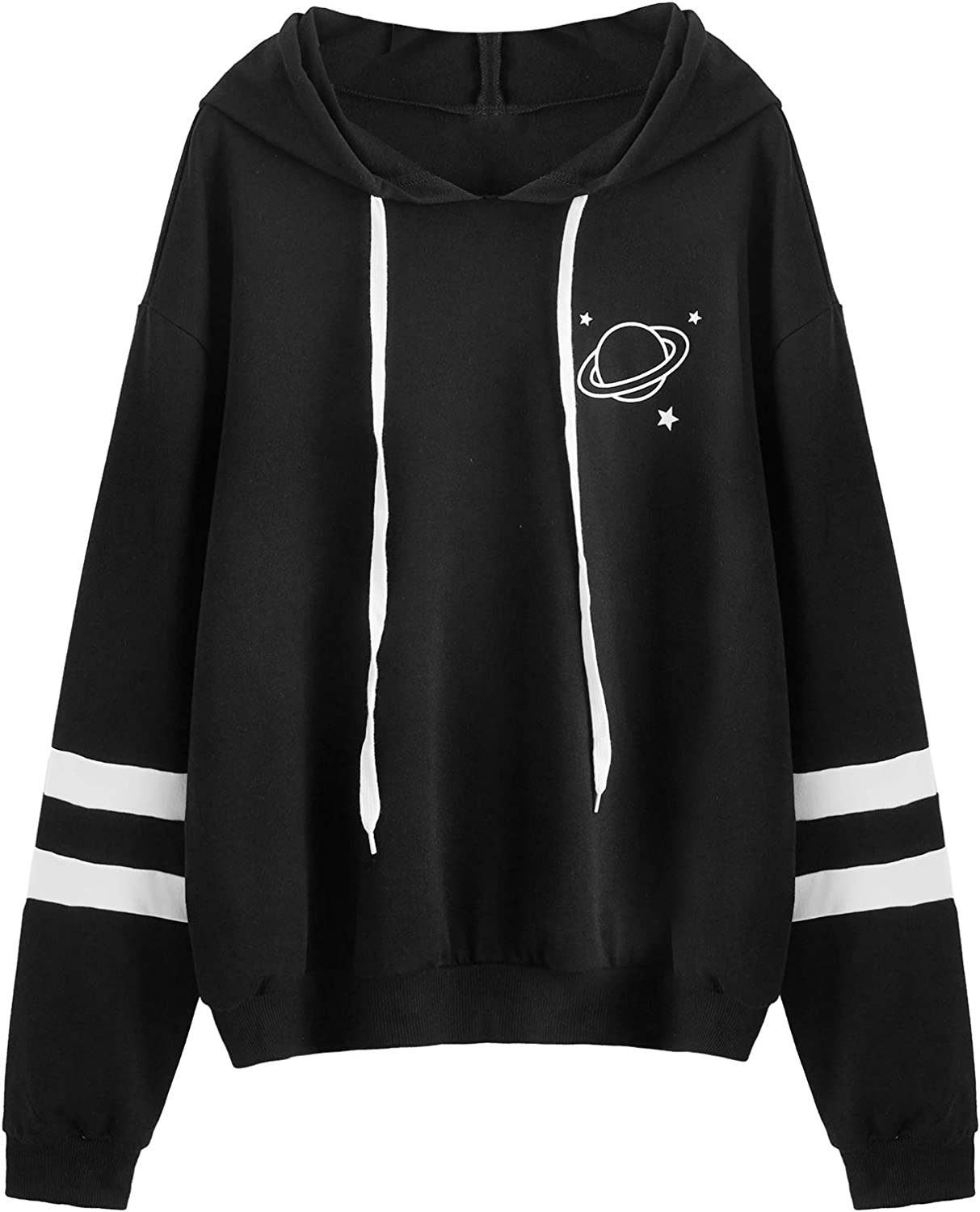 Women's Planet Print Striped Drawstring Pullover Sweatshirt Hoodies