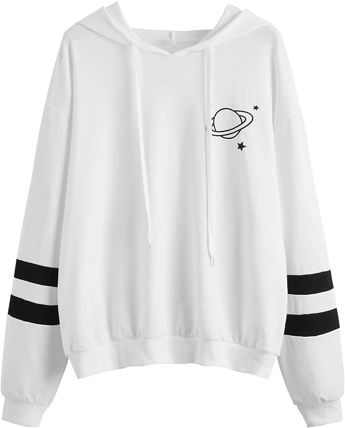 Women's Planet Print Striped Drawstring Pullover Sweatshirt Hoodies