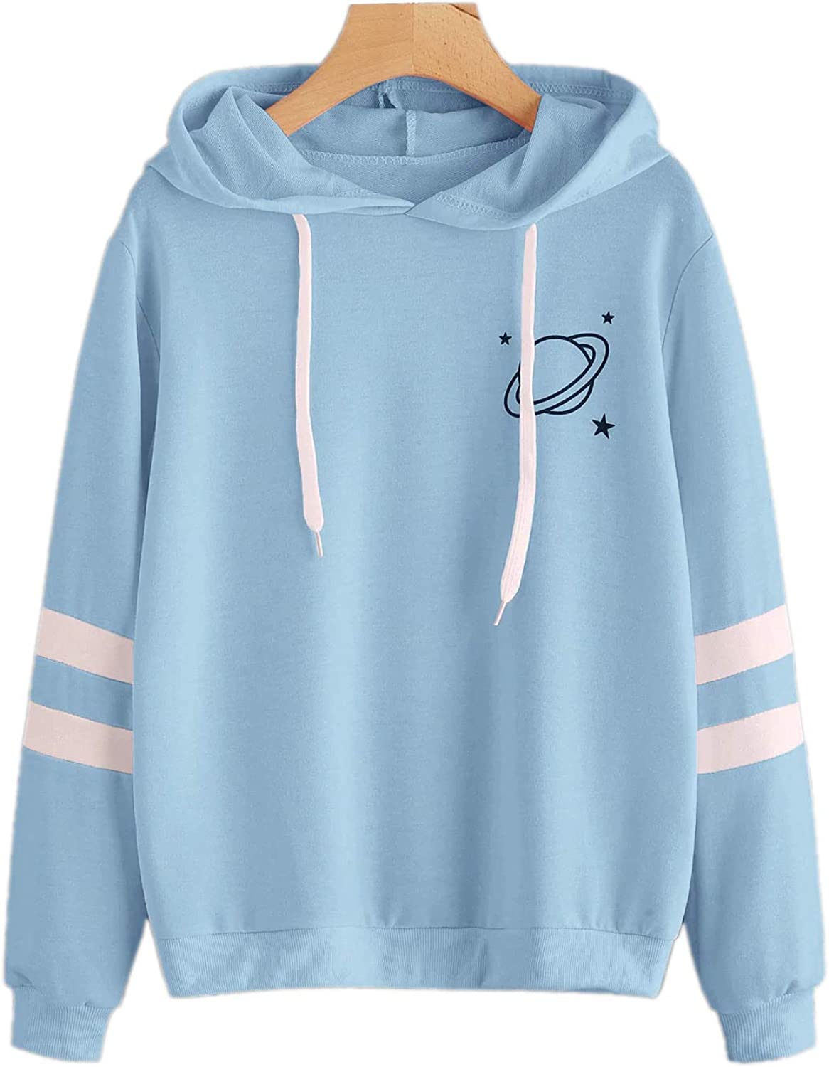Women's Planet Print Striped Drawstring Pullover Sweatshirt Hoodies