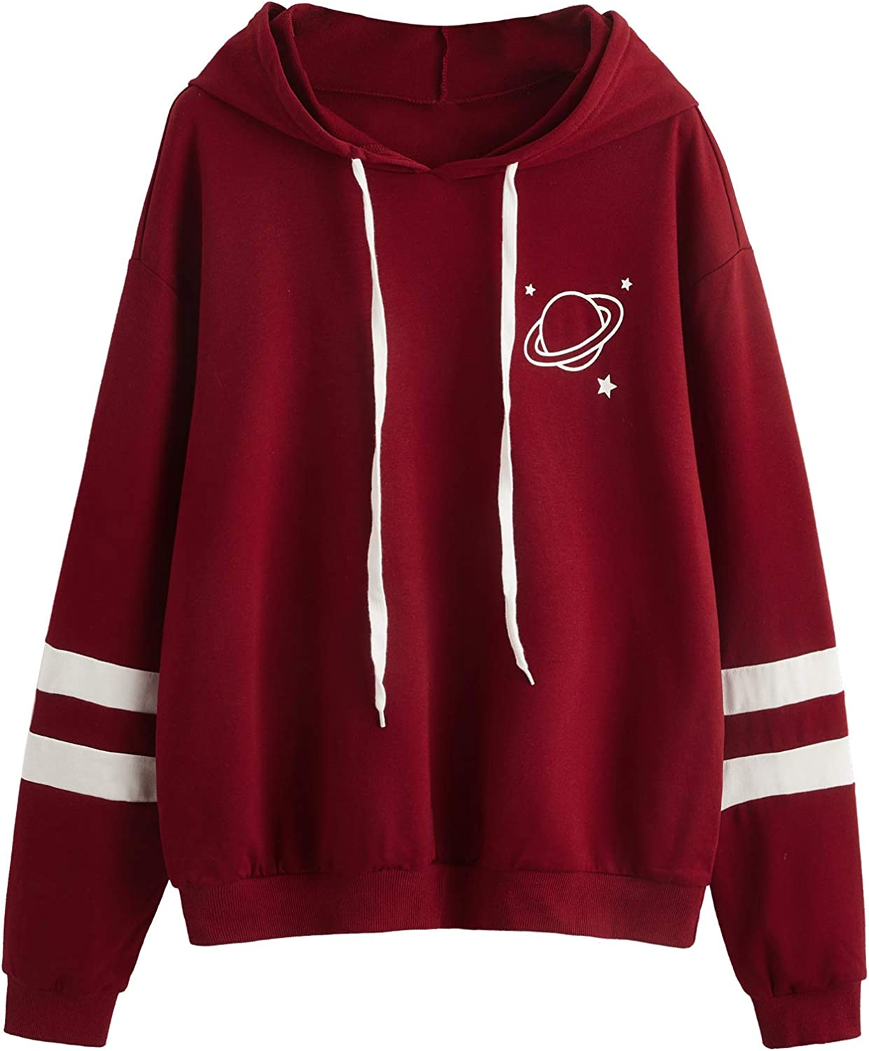 Women's Planet Print Striped Drawstring Pullover Sweatshirt Hoodies