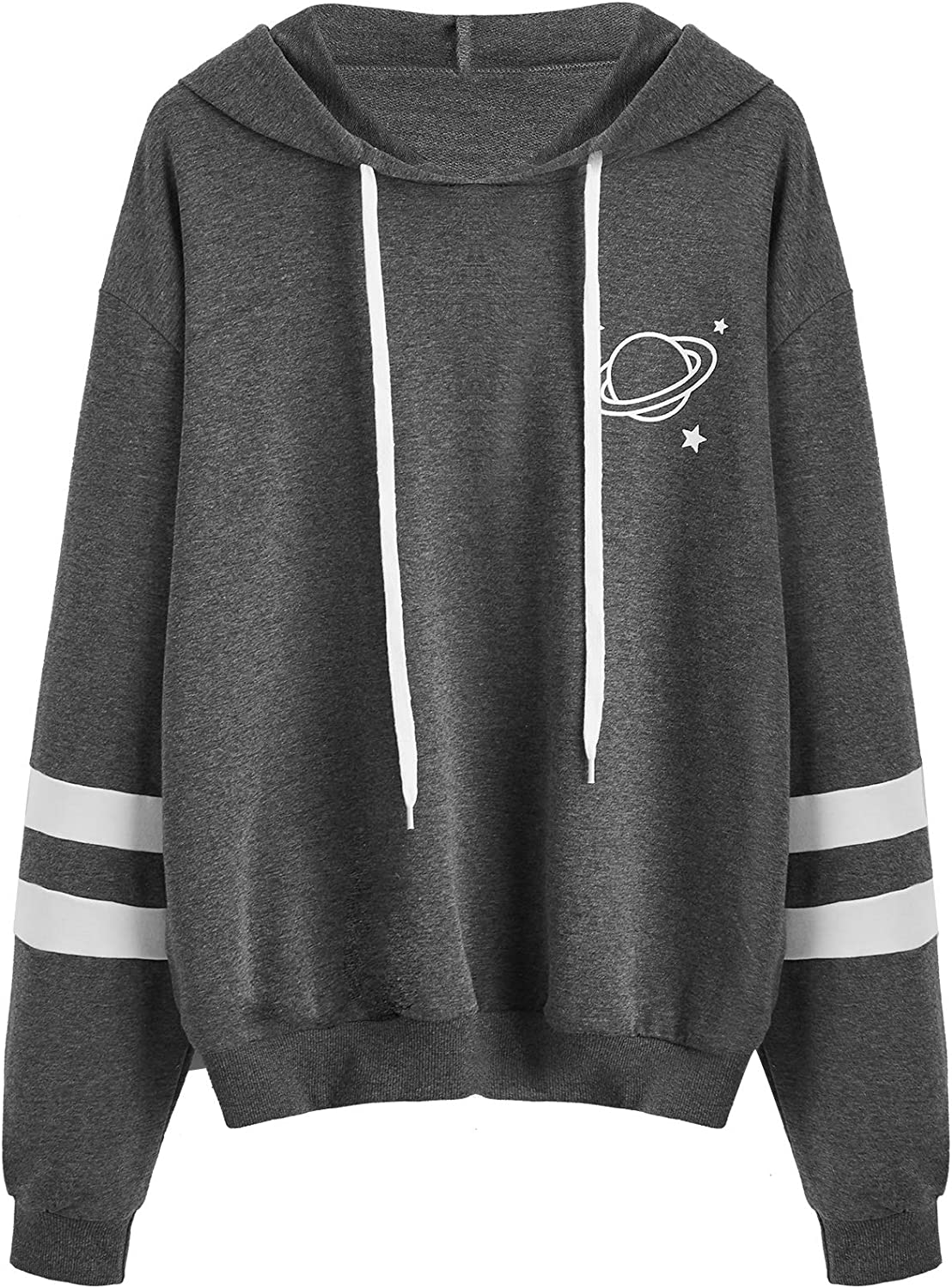 Women's Planet Print Striped Drawstring Pullover Sweatshirt Hoodies