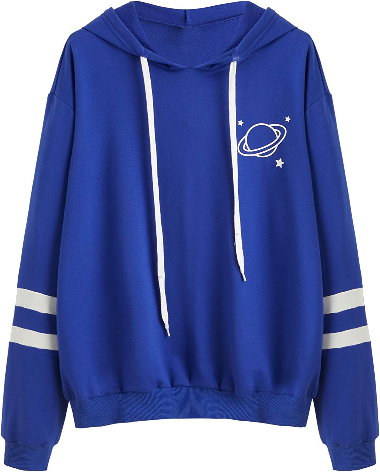 Women's Planet Print Striped Drawstring Pullover Sweatshirt Hoodies