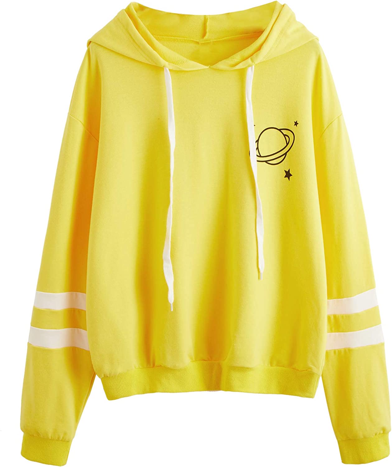 Women's Planet Print Striped Drawstring Pullover Sweatshirt Hoodies