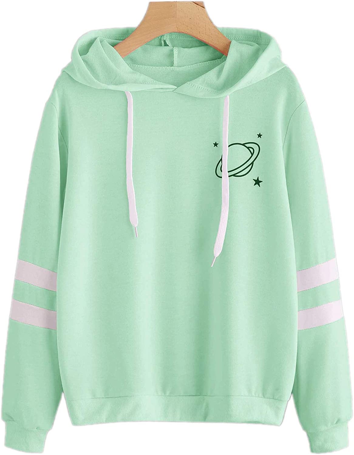 Women's Planet Print Striped Drawstring Pullover Sweatshirt Hoodies
