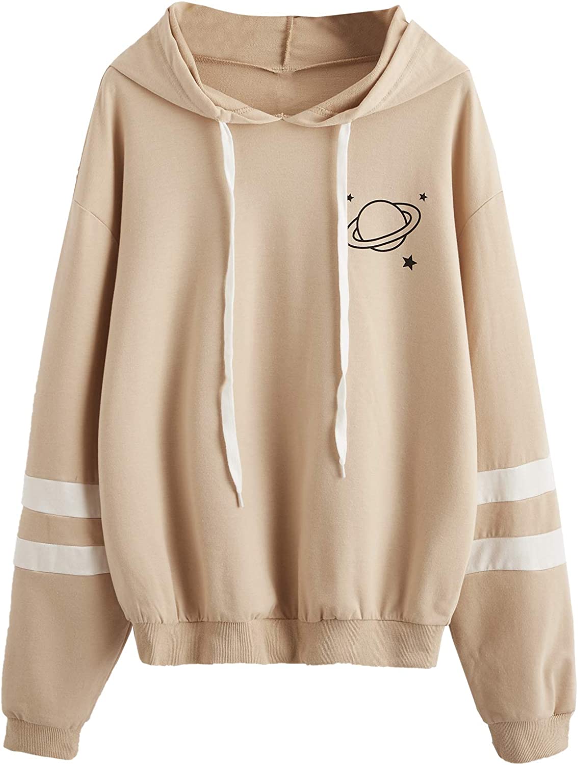 Women's Planet Print Striped Drawstring Pullover Sweatshirt Hoodies