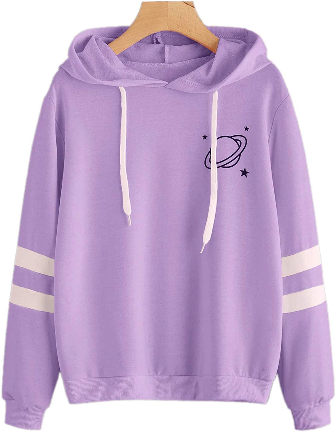 Women's Planet Print Striped Drawstring Pullover Sweatshirt Hoodies
