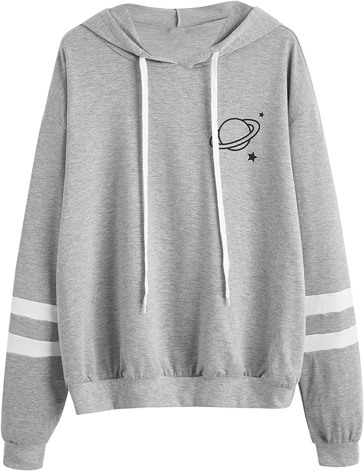 Women's Planet Print Striped Drawstring Pullover Sweatshirt Hoodies