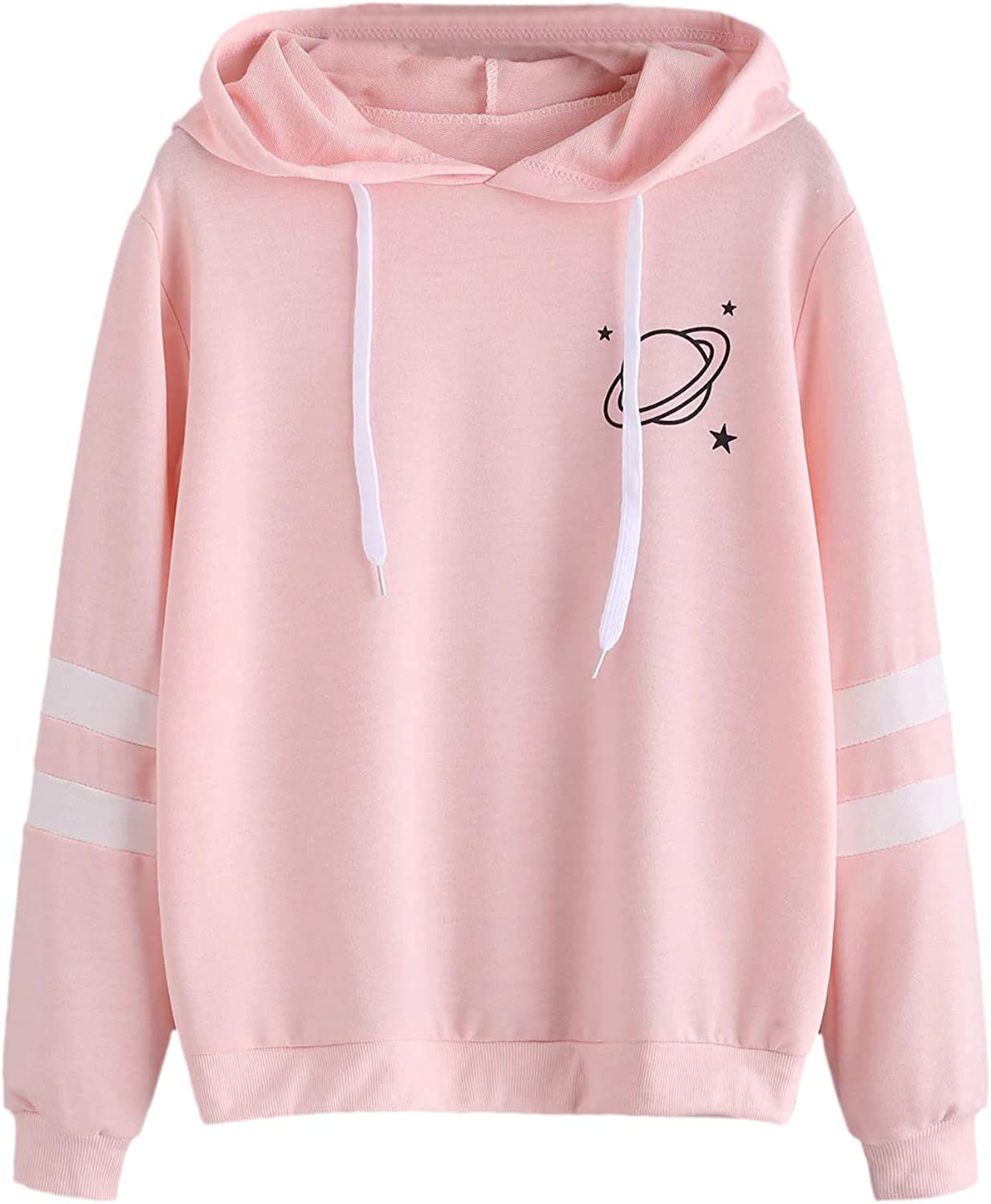 Women's Planet Print Striped Drawstring Pullover Sweatshirt Hoodies