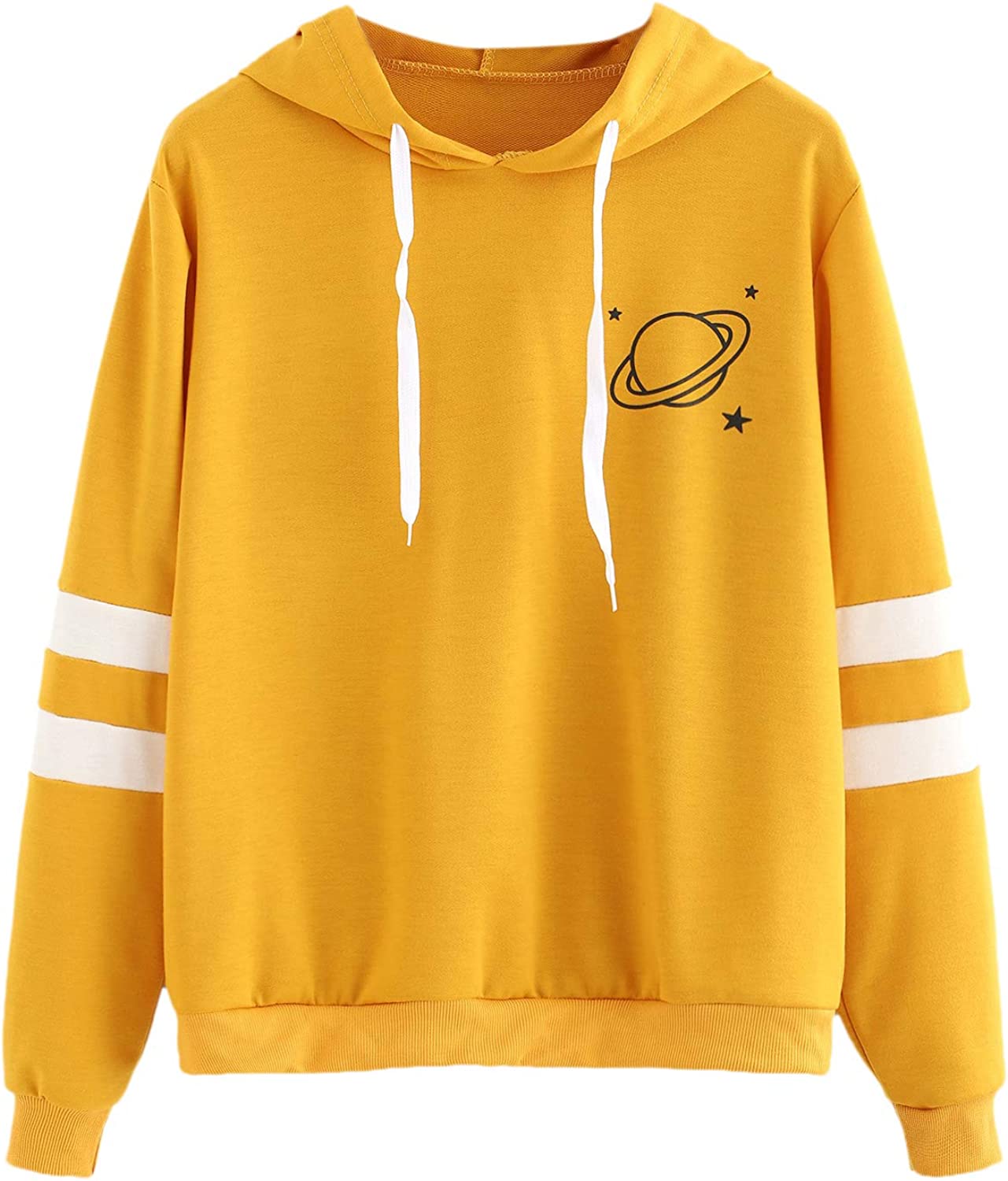 Women's Planet Print Striped Drawstring Pullover Sweatshirt Hoodies