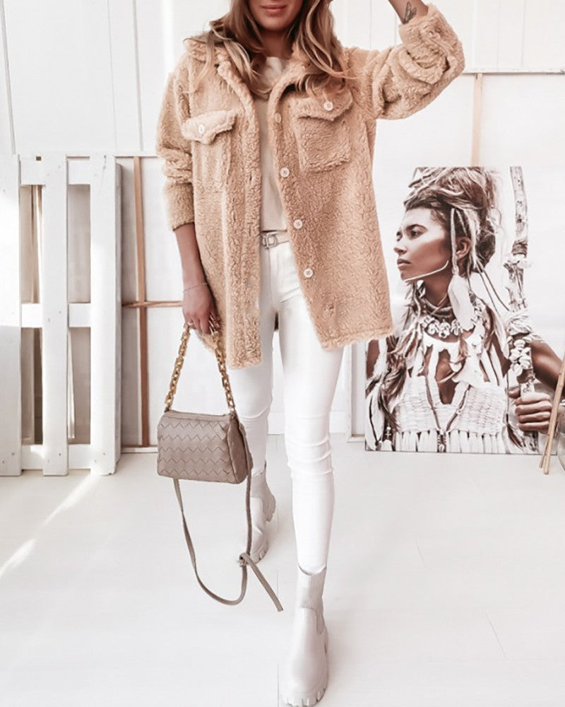 Women's Pocket Design Buttoned Long Sleeve Teddy Coat