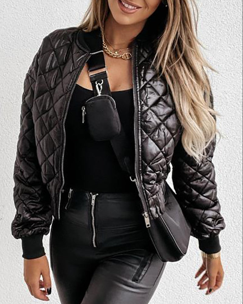 Women's Quilted Long Sleeve Zipper Design Puffer Jacket