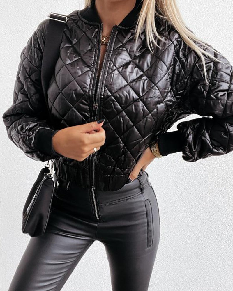 Women's Quilted Long Sleeve Zipper Design Puffer Jacket