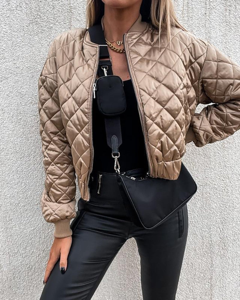Women's Quilted Long Sleeve Zipper Design Puffer Jacket