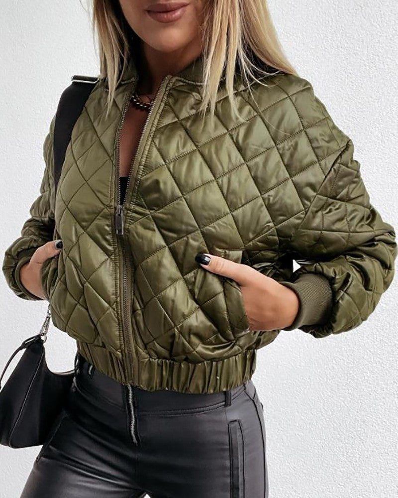Women's Quilted Long Sleeve Zipper Design Puffer Jacket