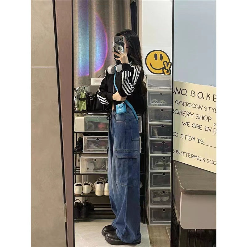 Women's Slim Retro High Waist Cargo Pants Straight Leg Jeans Blue