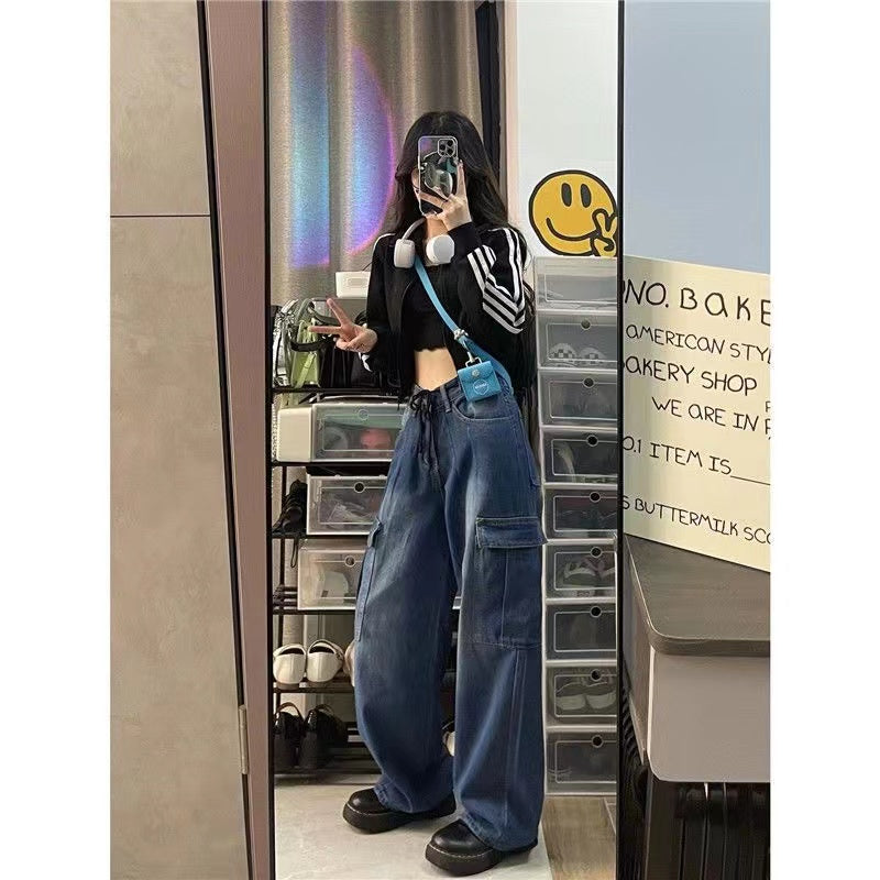 Women's Slim Retro High Waist Cargo Pants Straight Leg Jeans Blue