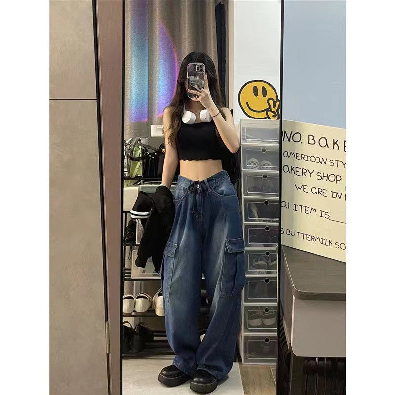 Women's Slim Retro High Waist Cargo Pants Straight Leg Jeans Blue