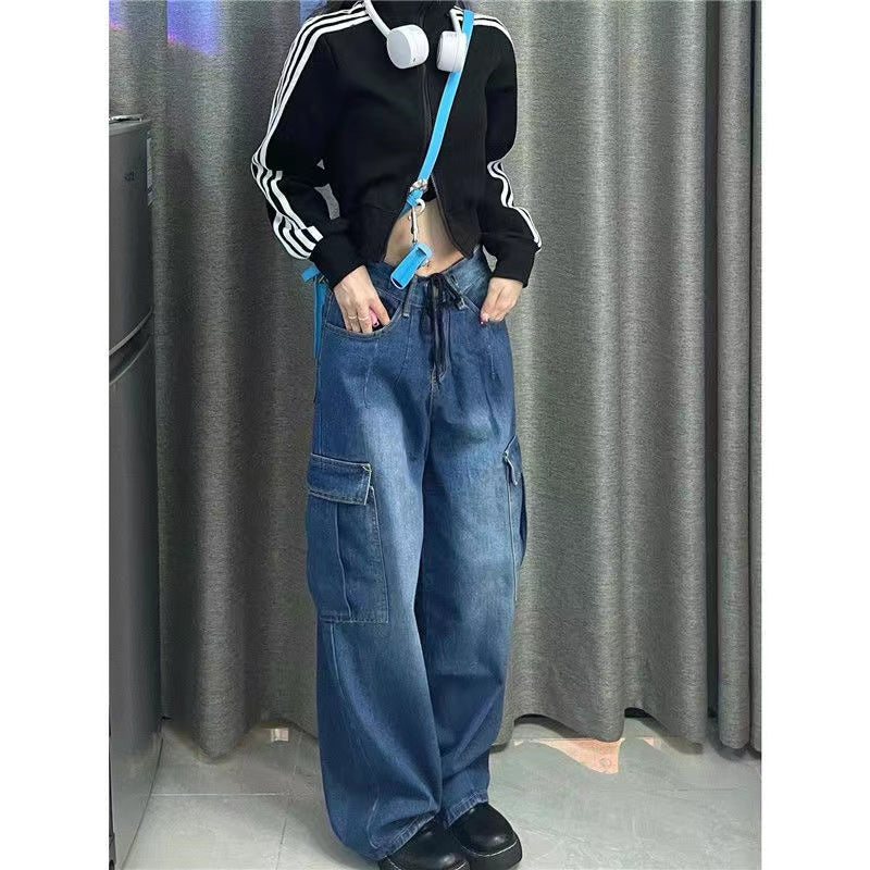 Women's Slim Retro High Waist Cargo Pants Straight Leg Jeans Blue