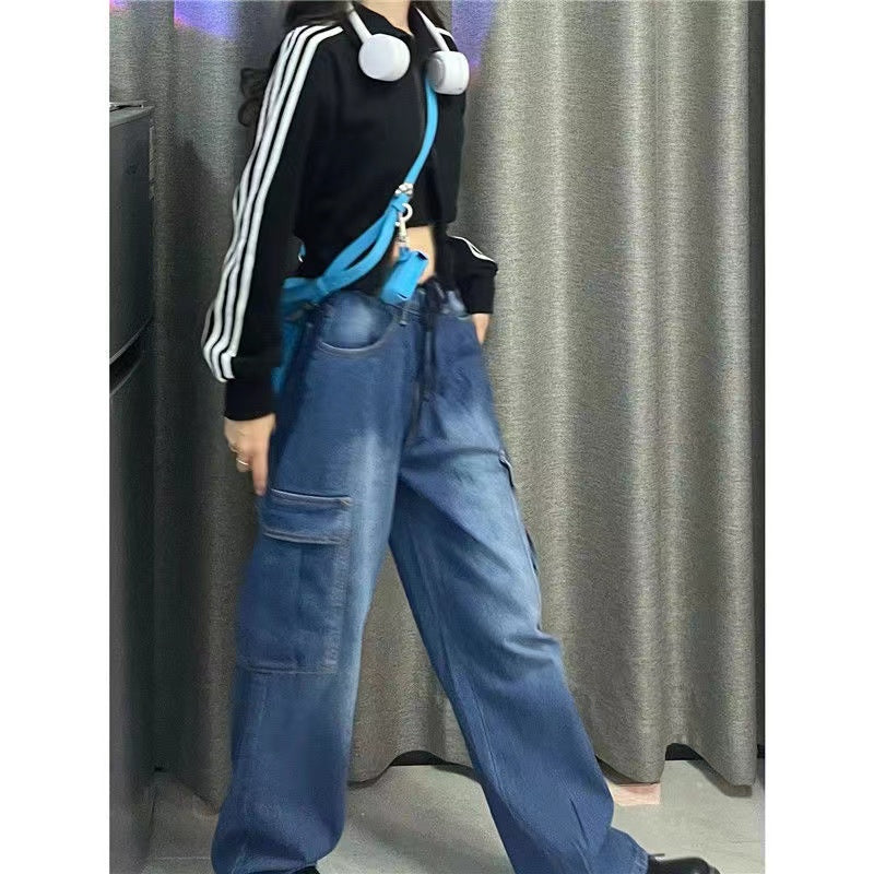 Women's Slim Retro High Waist Cargo Pants Straight Leg Jeans Blue