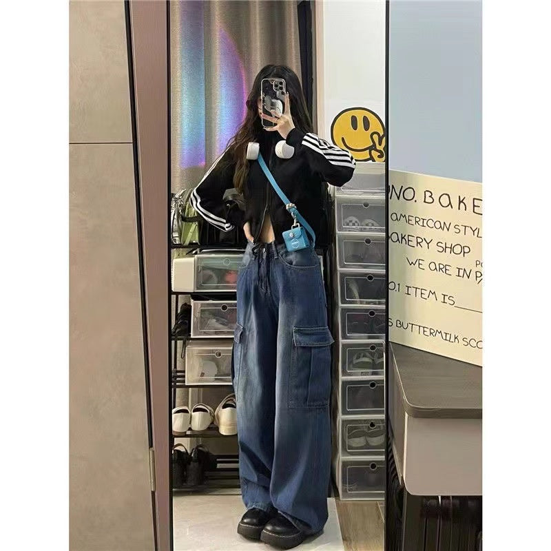 Women's Slim Retro High Waist Cargo Pants Straight Leg Jeans Blue