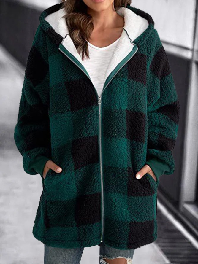 Women's Stylish Hoodie Plaid Loose Overcoat