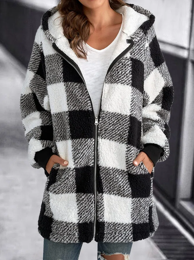 Women's Stylish Hoodie Plaid Loose Overcoat